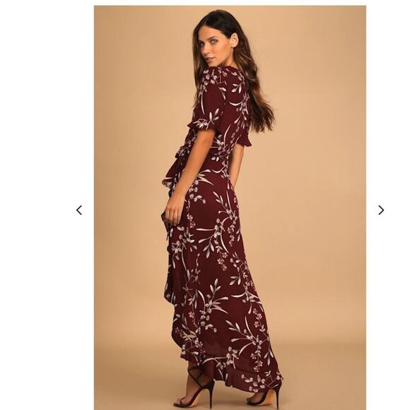 Lulus Wild Winds Burgundy Floral Print High-Low Wrap Dress NWT Size Large - Picture 2 of 8